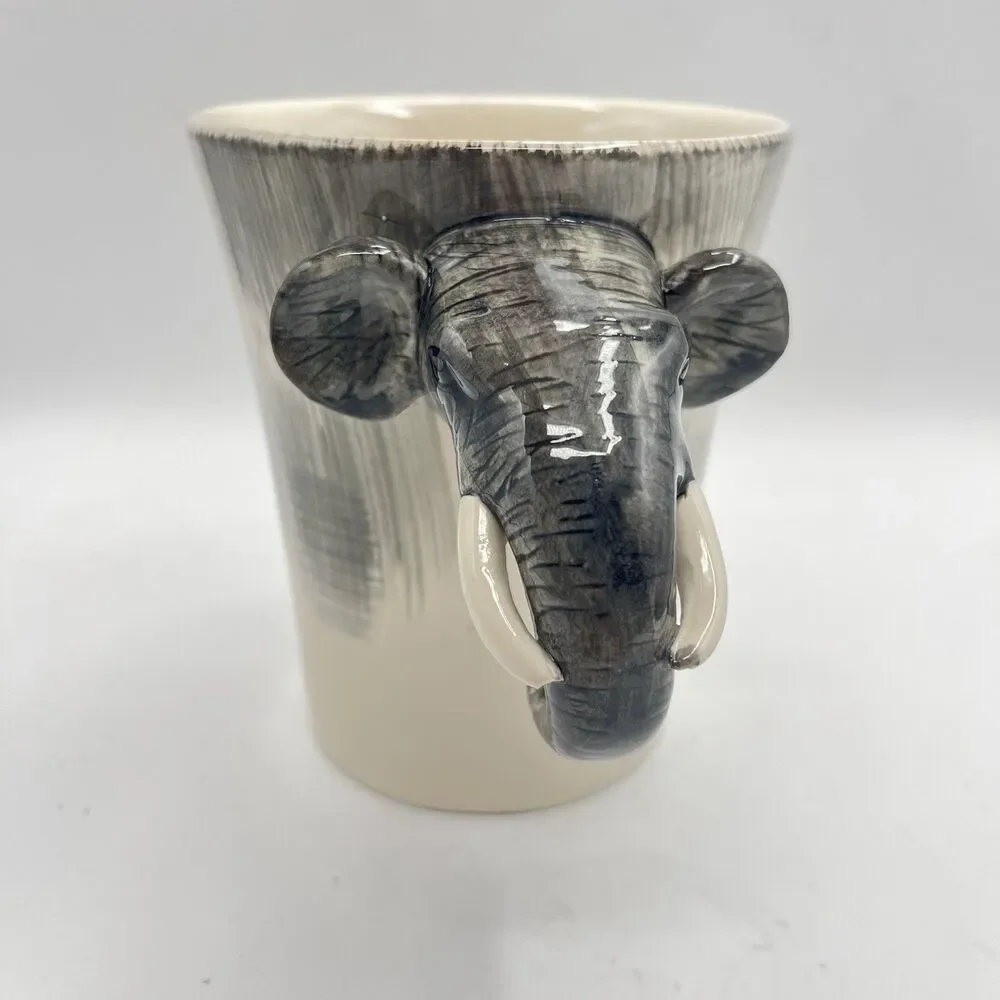 Pier 1 Ceramic Handpainted Stoneware Elephant Coffee Cup Mug Face Handle Large